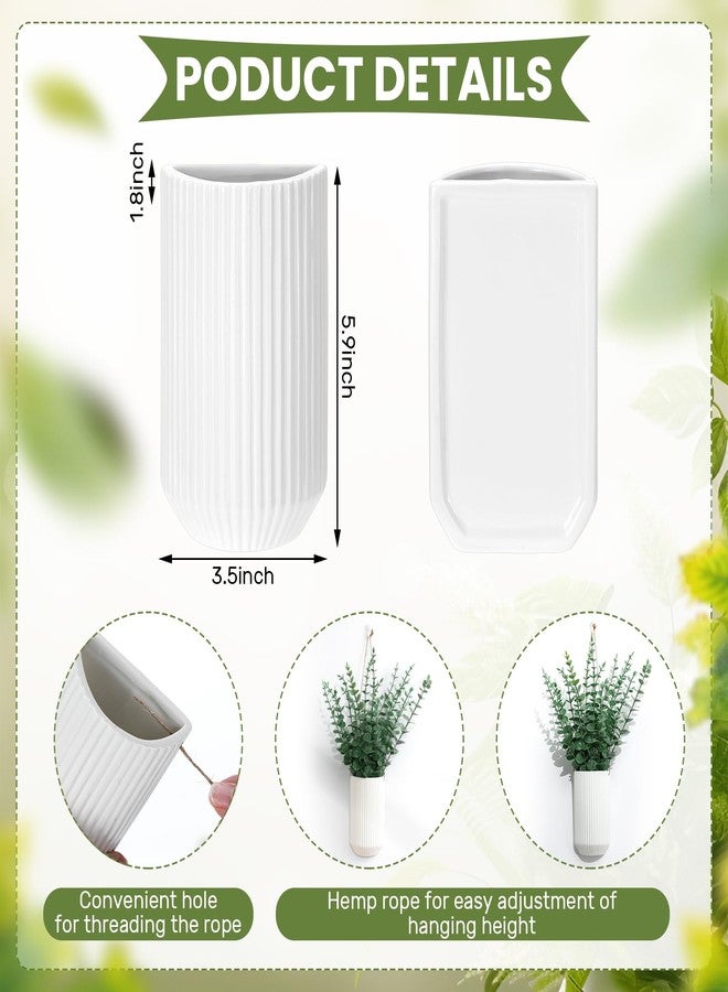 Ninehaoou 2 Pcs 5.9 Inch White Ceramic Wall Planter Modern Home Hanging Vase for Living Room Bedroom Bathroom Minimalist Indoor Ceramic Hanging Flower Vase for Dried Flowers Faux Greenery Plants - Image 2